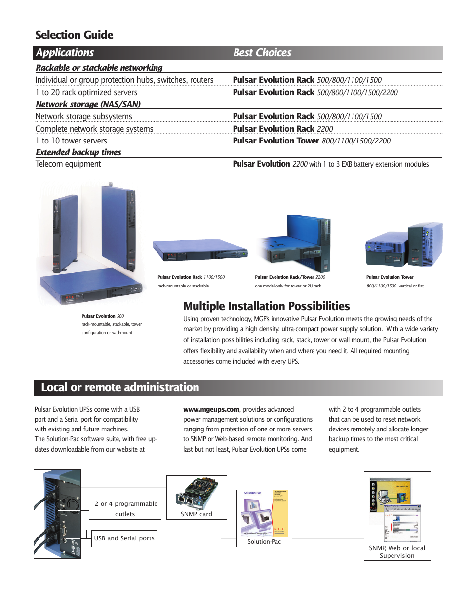 Local or remote administration, Selection guide, Multiple installation possibilities | Applications best choices | MGE UPS Systems 500 User Manual | Page 3 / 4