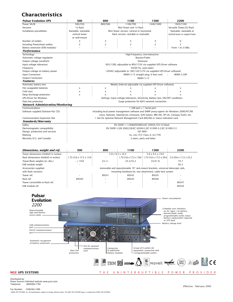 Characteristics, Pulsar evolution 2200 | MGE UPS Systems 500 User Manual | Page 4 / 4