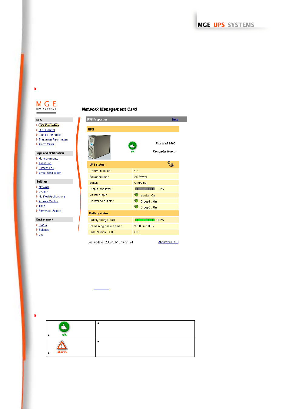 Ups" zone: general information on the ups, Ups status" zone: essential information, Access control | Date and time, 2 ups 4.2.1 ups properties page, 1 "ups" zone: general information on the ups, 2 "ups status" zone: essential information | MGE UPS Systems 66102 User Manual | Page 15 / 63