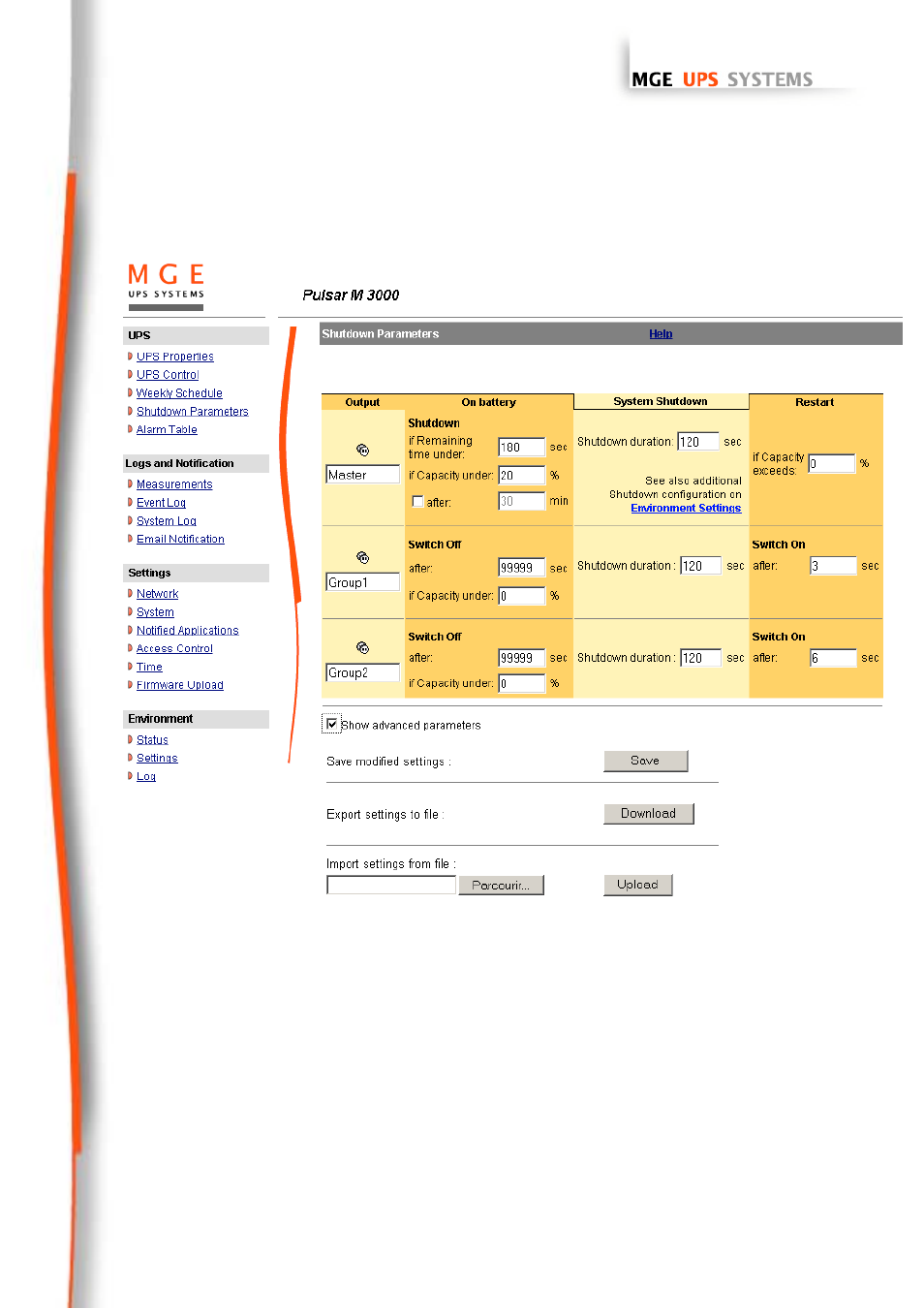 Shutdown parameters, See shutdown, Parameters | 5 shutdown parameters | MGE UPS Systems 66102 User Manual | Page 21 / 63