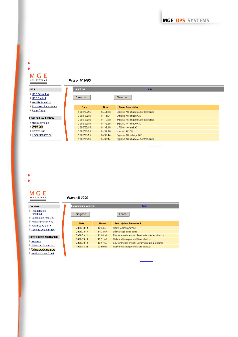 Event log, System log, 8 event log | 9 system log | MGE UPS Systems 66102 User Manual | Page 25 / 63