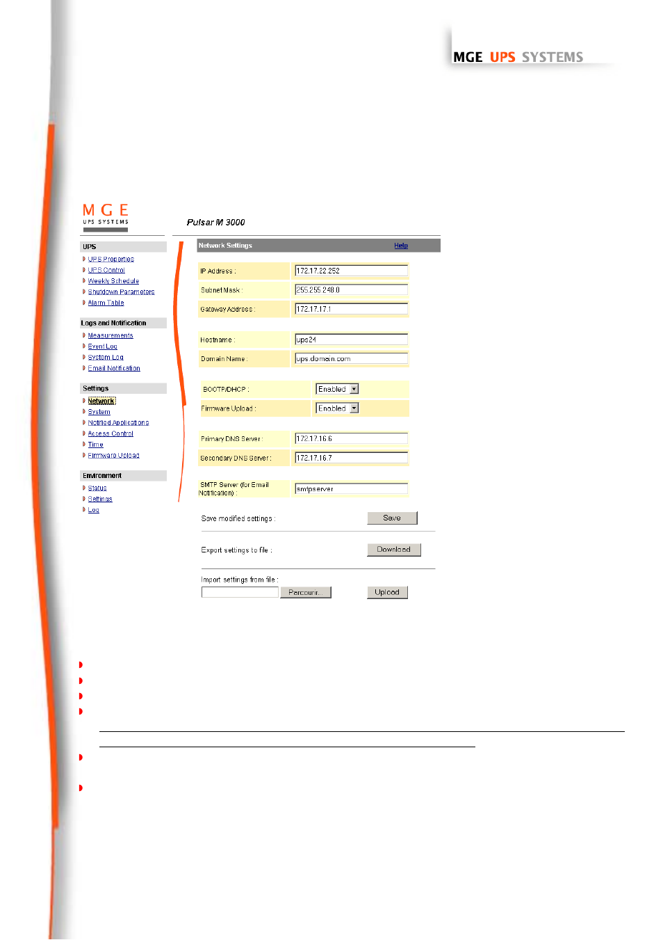 Network settings, Network, 1 network settings | MGE UPS Systems 66102 User Manual | Page 31 / 63