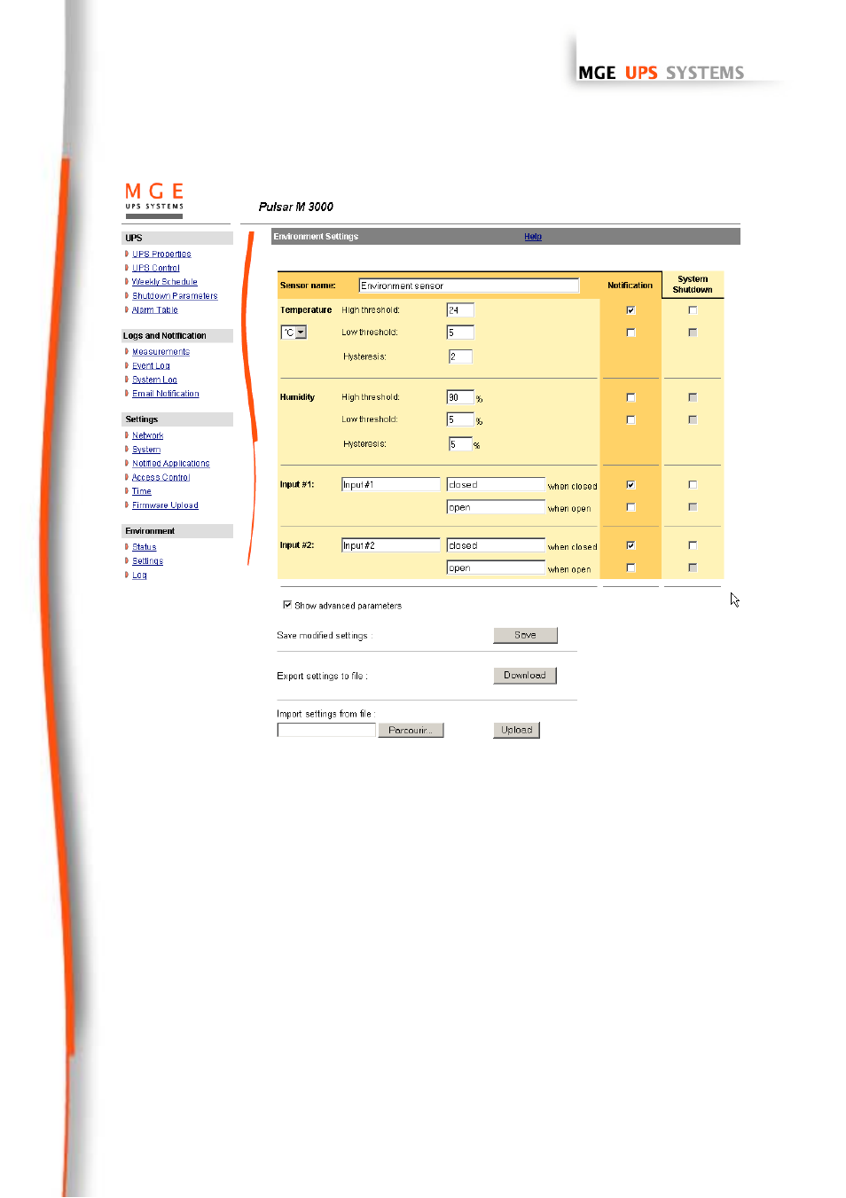 Environment settings, Environmen status, Environment configuration | 3 environment settings | MGE UPS Systems 66102 User Manual | Page 43 / 63