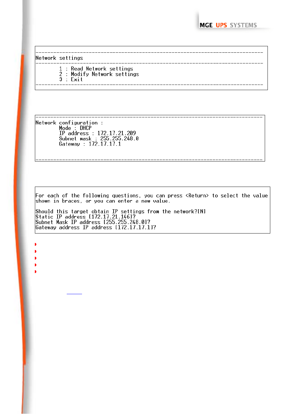 Choice 1: read network settings, Choice 2: modify network settings, Hoice | Ost password, Ogin, Assword to, Efault, 1 choice 1: read network settings, 2 choice 2: modify network settings | MGE UPS Systems 66102 User Manual | Page 52 / 63