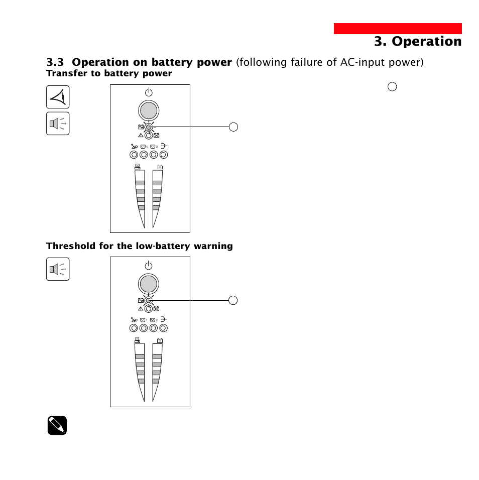 Operation, Transfer to battery power, Threshold for the low-battery warning | MGE UPS Systems 3000 User Manual | Page 17 / 32