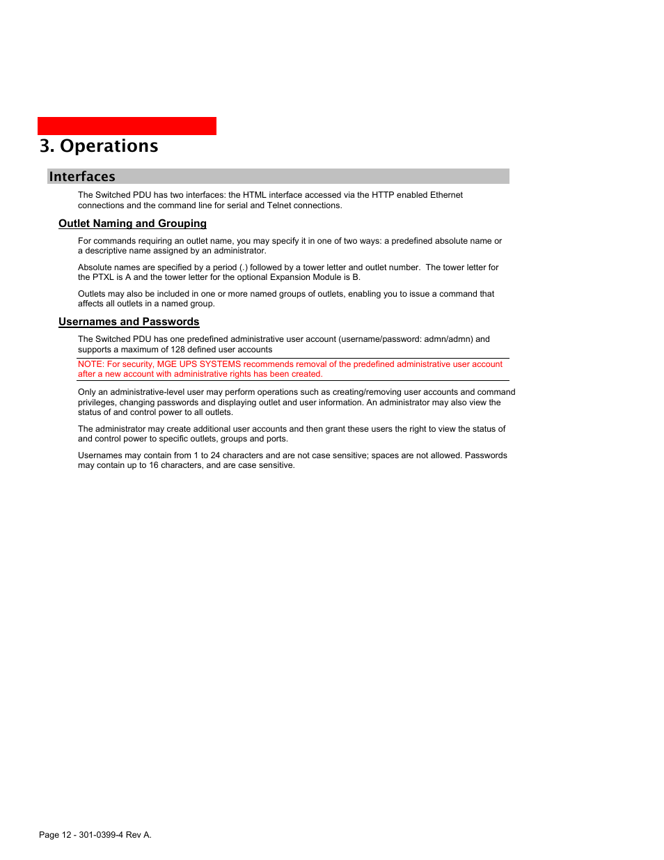 Interfaces, Outlet naming and grouping, Usernames and passwords | Perations, Nterfaces, Operations | MGE UPS Systems Switched PDU User Manual | Page 12 / 62
