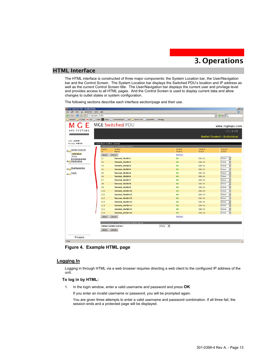 Html interface, Logging in, Html | Nterface, Operations | MGE UPS Systems Switched PDU User Manual | Page 13 / 62