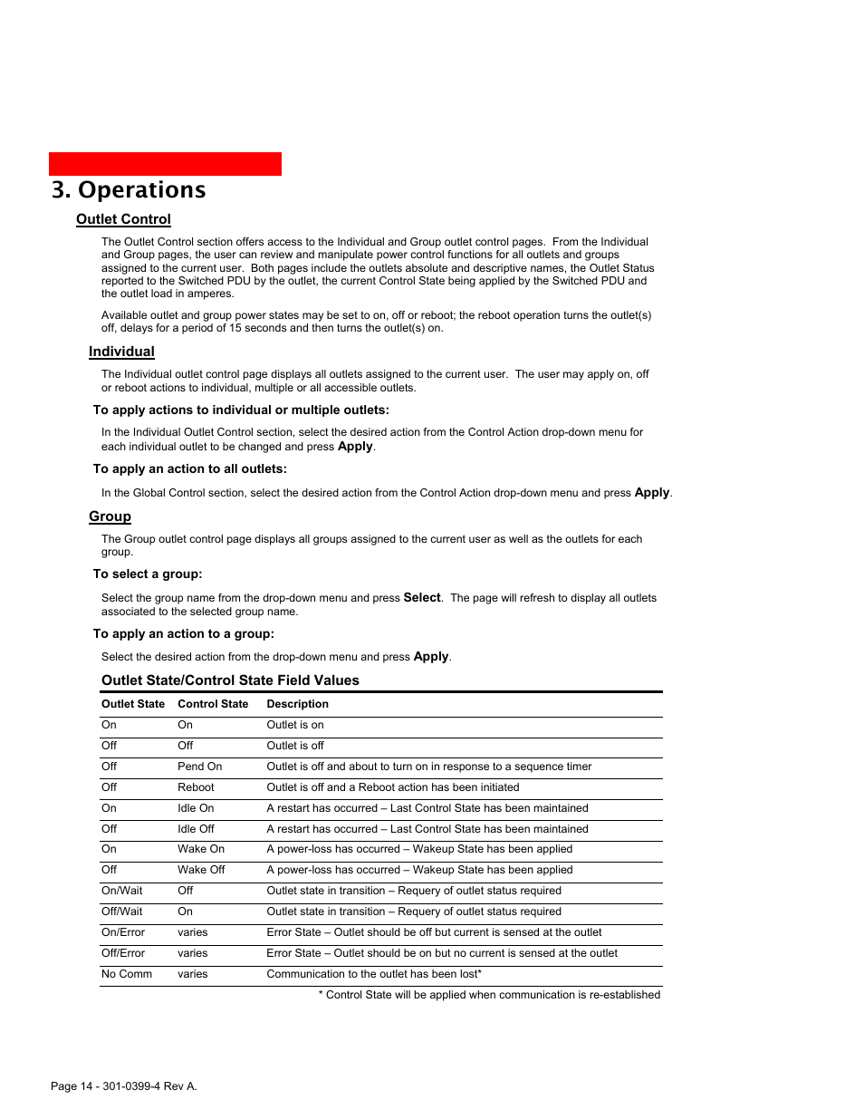 Outlet control, Individual, Group | Operations | MGE UPS Systems Switched PDU User Manual | Page 14 / 62