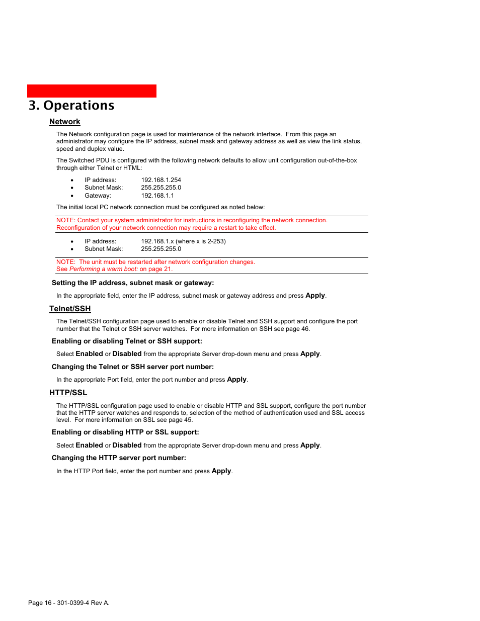 Network, Telnet/ssh, Http/ssl | Operations | MGE UPS Systems Switched PDU User Manual | Page 16 / 62