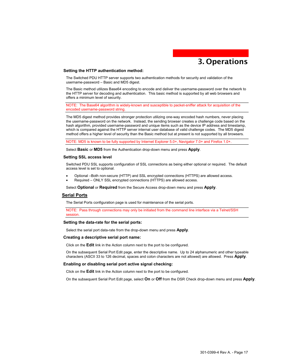 Serial ports, Operations | MGE UPS Systems Switched PDU User Manual | Page 17 / 62