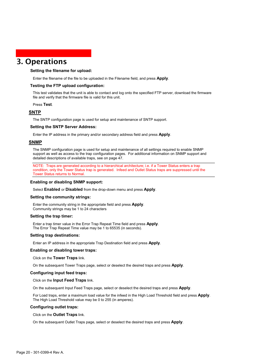 Sntp, Snmp, Operations | MGE UPS Systems Switched PDU User Manual | Page 20 / 62