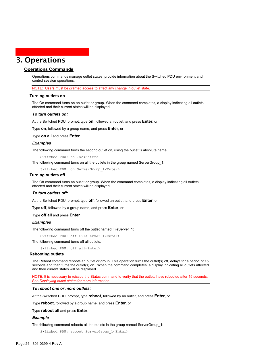 Operations commands, Operations | MGE UPS Systems Switched PDU User Manual | Page 24 / 62
