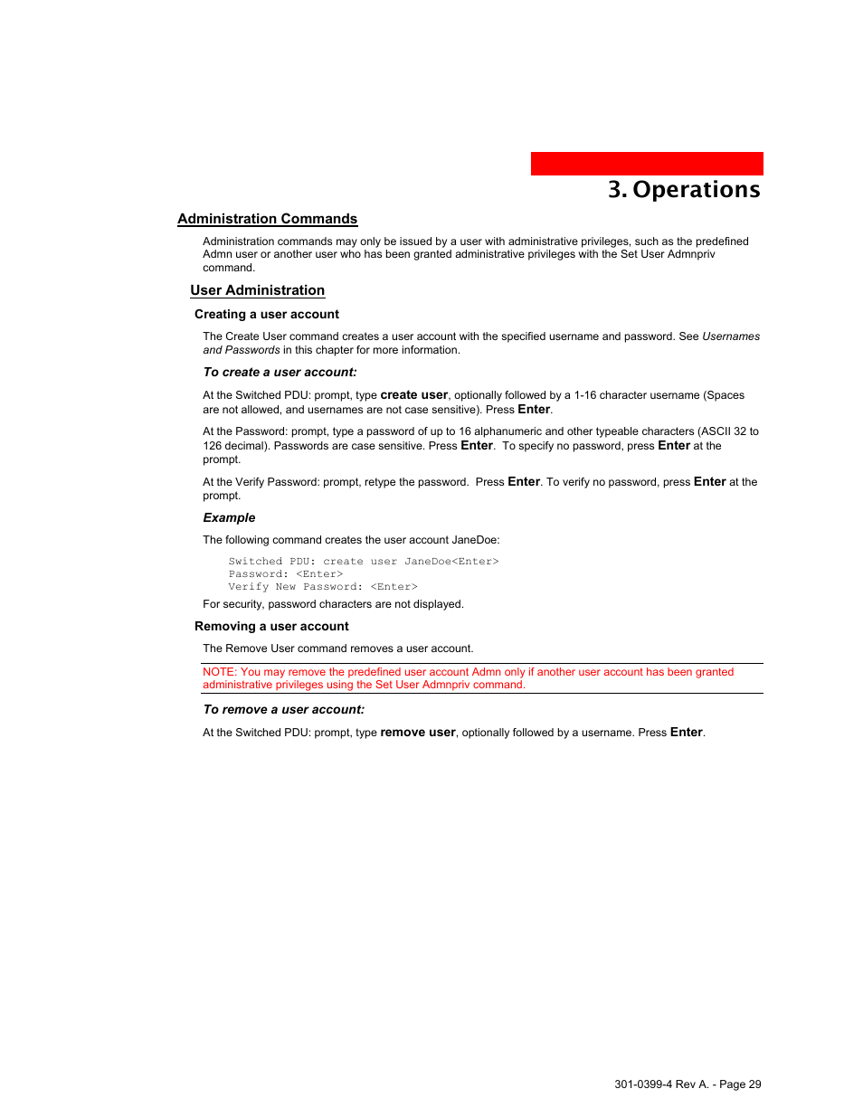 Administration commands, User administration, Operations | MGE UPS Systems Switched PDU User Manual | Page 29 / 62
