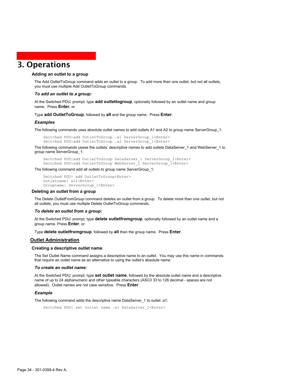 Outlet administration, Operations | MGE UPS Systems Switched PDU User Manual | Page 34 / 62