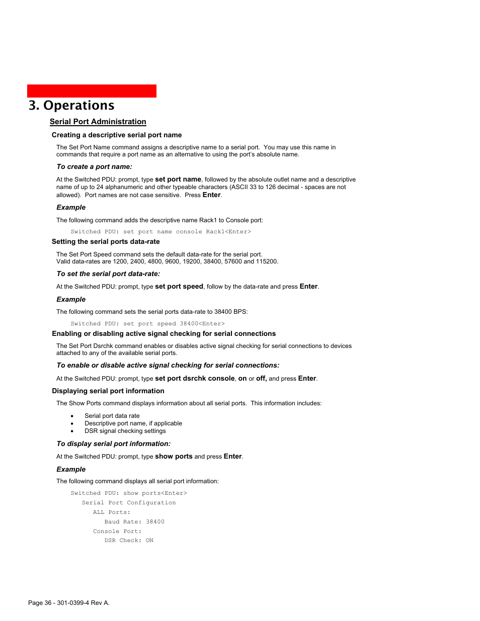 Serial port administration, Operations | MGE UPS Systems Switched PDU User Manual | Page 36 / 62