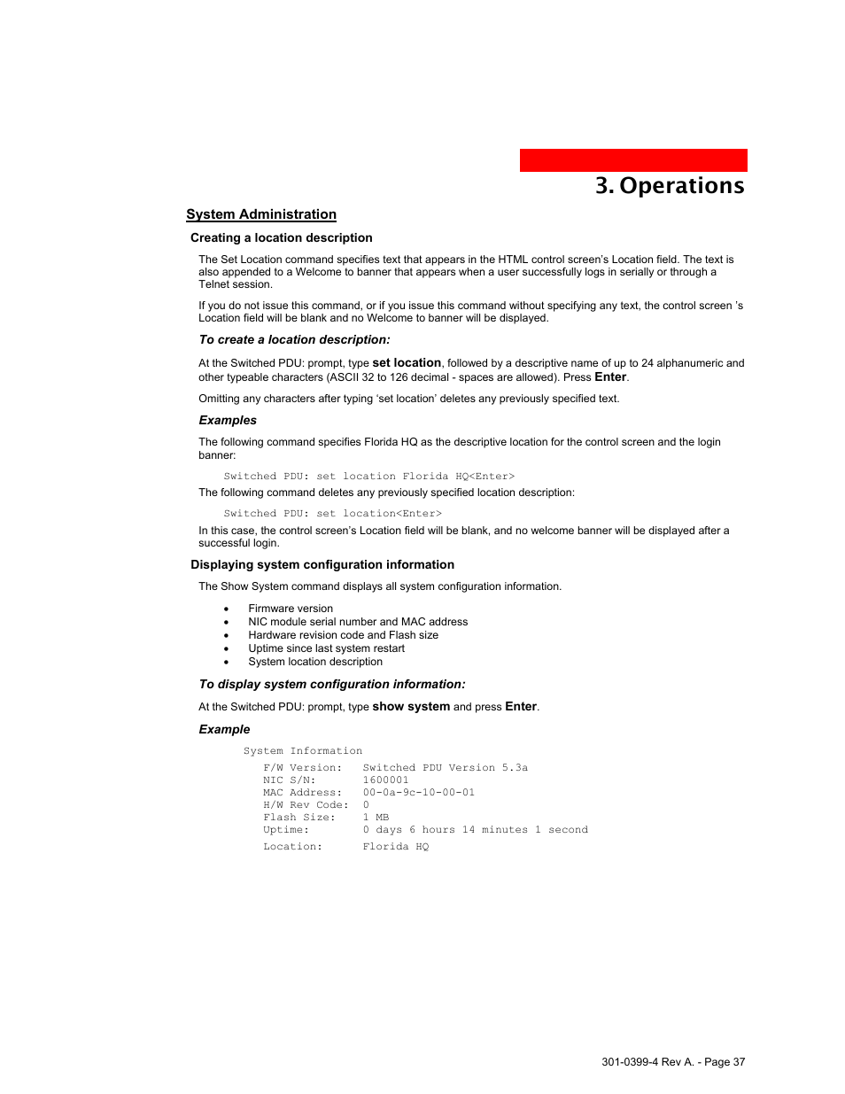 System administration, Prompt. see creating a location description, Operations | MGE UPS Systems Switched PDU User Manual | Page 37 / 62