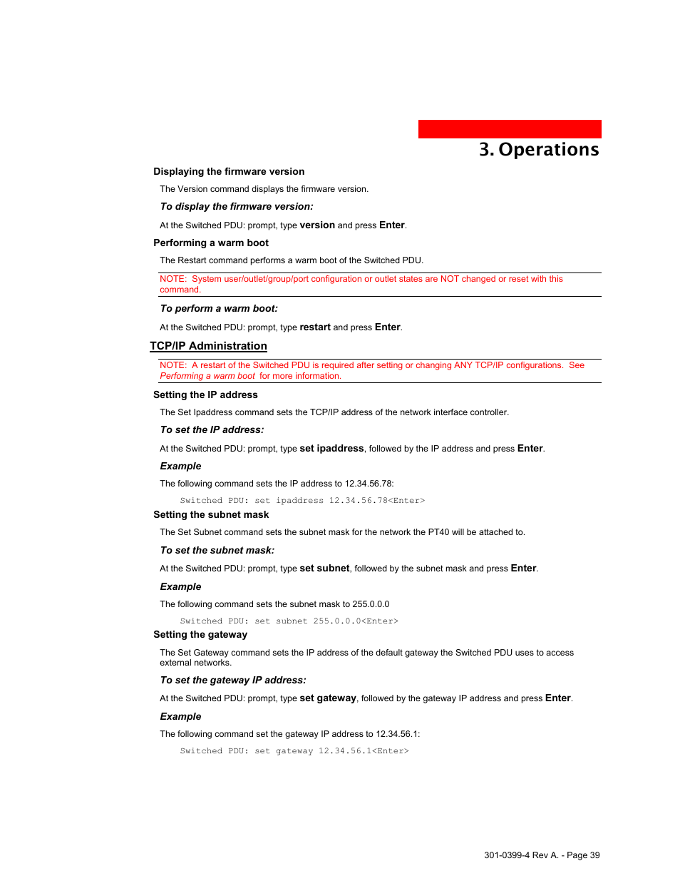 Tcp/ip administration, Operations | MGE UPS Systems Switched PDU User Manual | Page 39 / 62