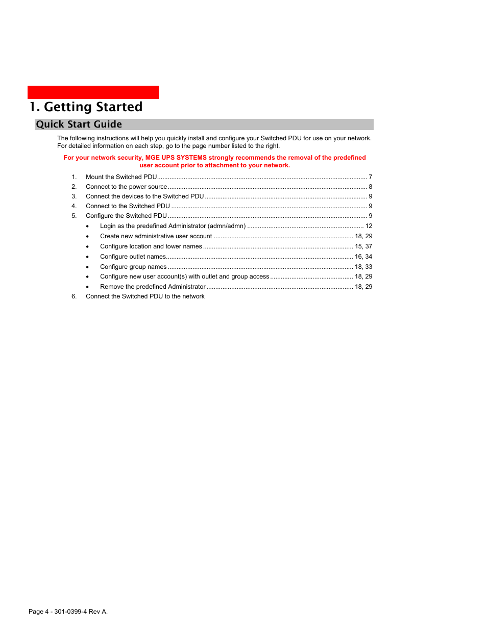 Quick start guide, Etting, Tarted | Getting started | MGE UPS Systems Switched PDU User Manual | Page 4 / 62