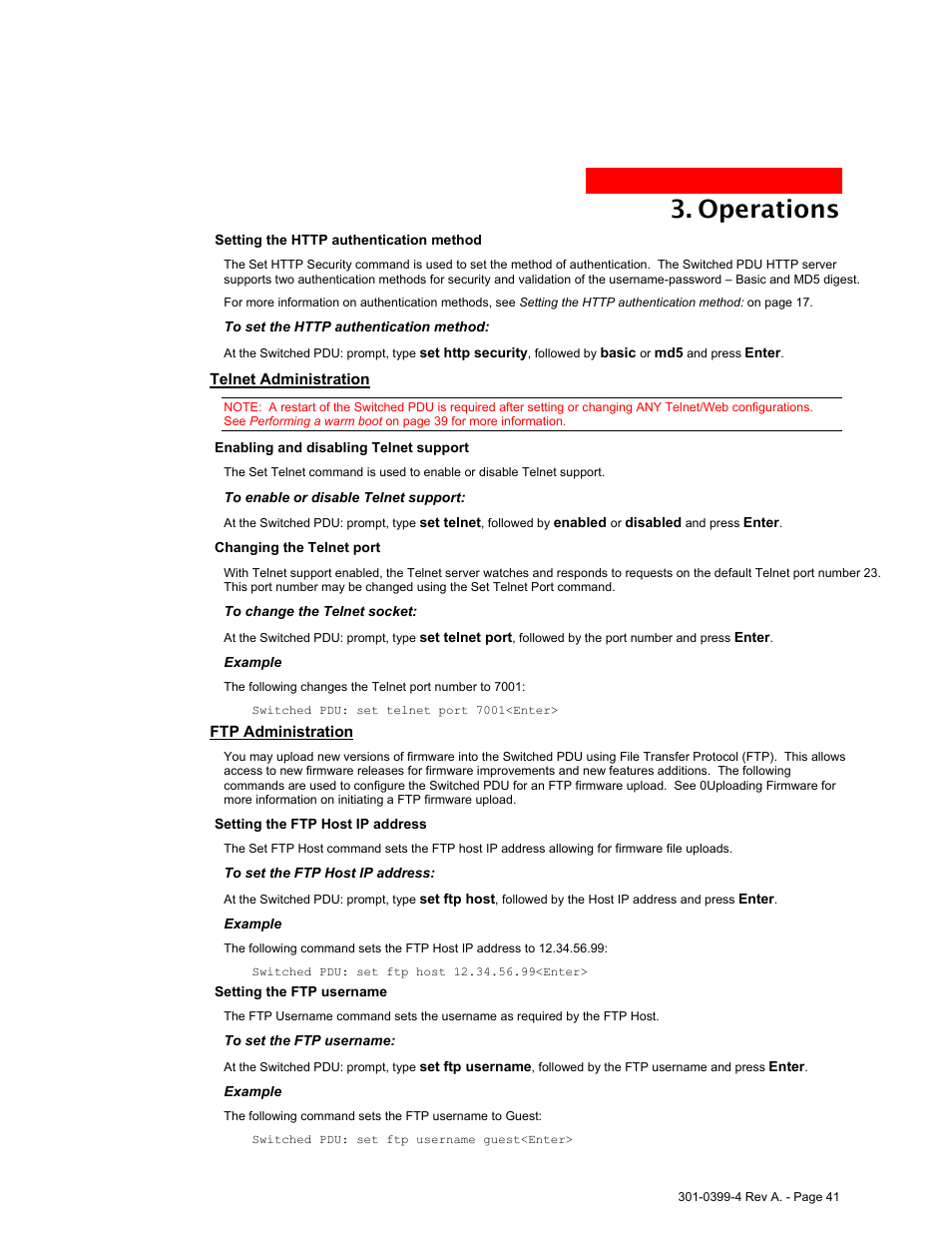 Telnet administration, Ftp administration, Operations | MGE UPS Systems Switched PDU User Manual | Page 41 / 62
