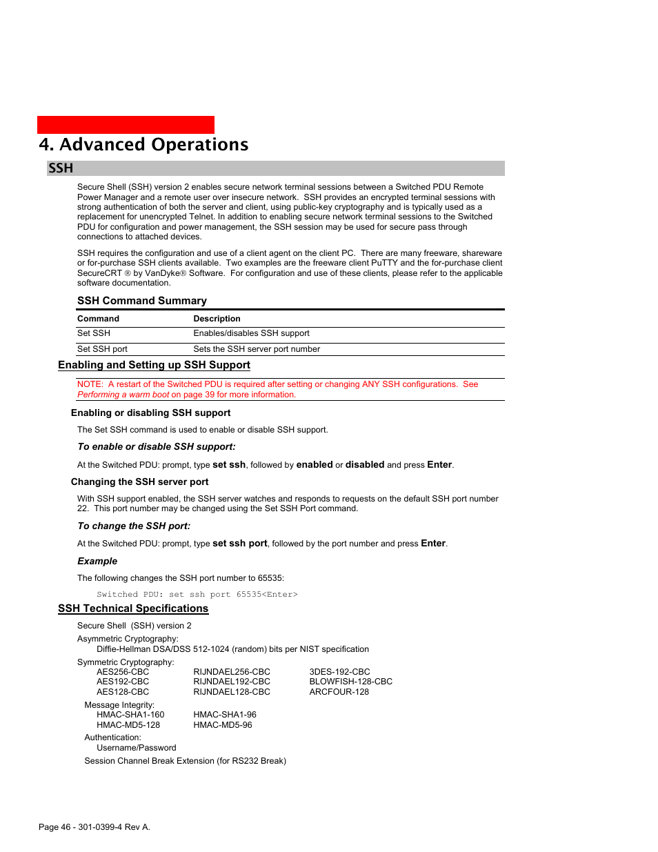 Enabling and setting up ssh support, Ssh technical specifications, Advanced operations | MGE UPS Systems Switched PDU User Manual | Page 46 / 62