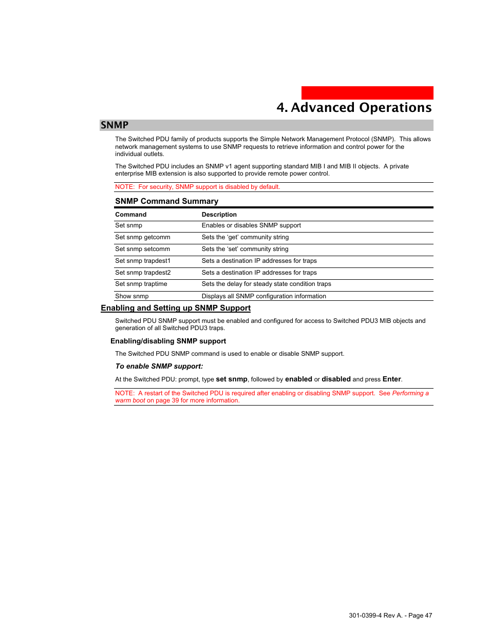 Snmp, Enabling and setting up snmp support, Snmp 47 | Advanced operations | MGE UPS Systems Switched PDU User Manual | Page 47 / 62