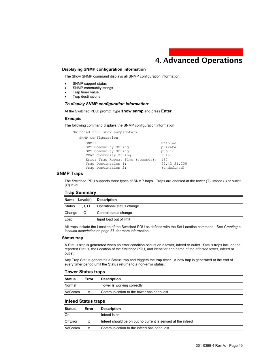 Snmp traps, Advanced operations | MGE UPS Systems Switched PDU User Manual | Page 49 / 62