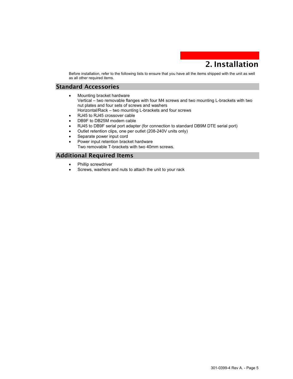 Standard accessories, Additional required items, Nstallation | Installation | MGE UPS Systems Switched PDU User Manual | Page 5 / 62