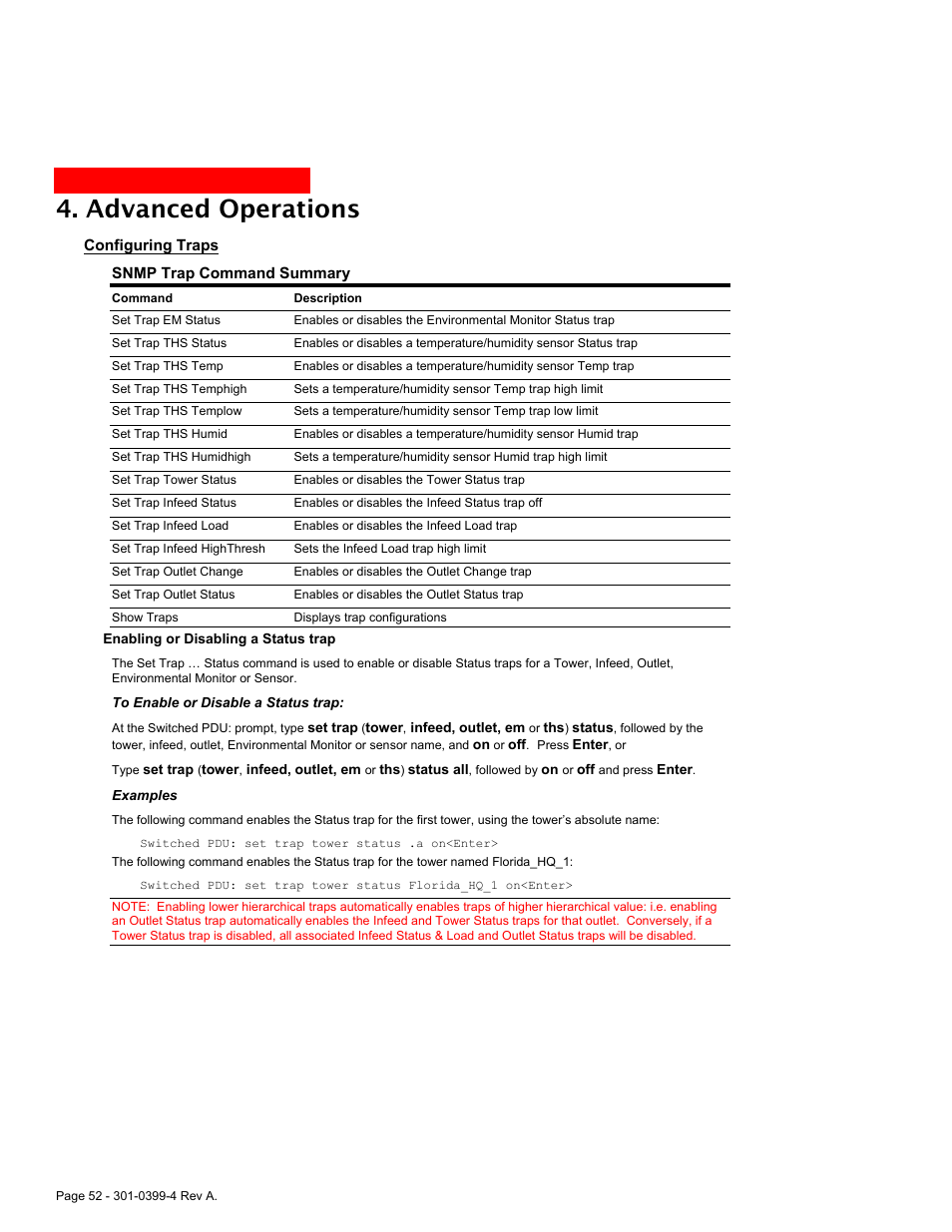 Configuring traps, Advanced operations | MGE UPS Systems Switched PDU User Manual | Page 52 / 62