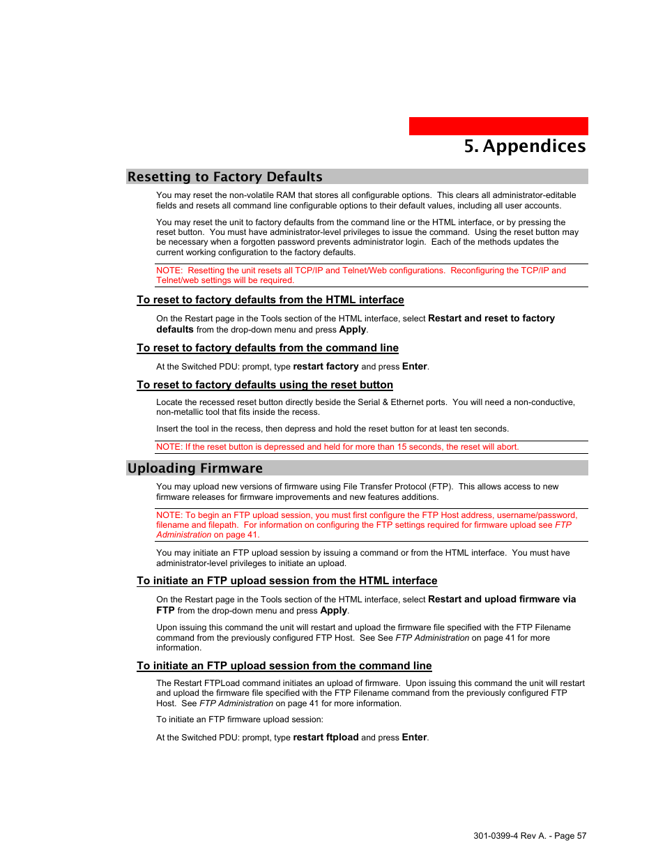 Resetting to factory defaults, To reset to factory defaults from the command line, Uploading firmware | E 0uploading firmware fo, Esetting to, Actory, Efaults, Ploading, Irmware, Appendices | MGE UPS Systems Switched PDU User Manual | Page 57 / 62