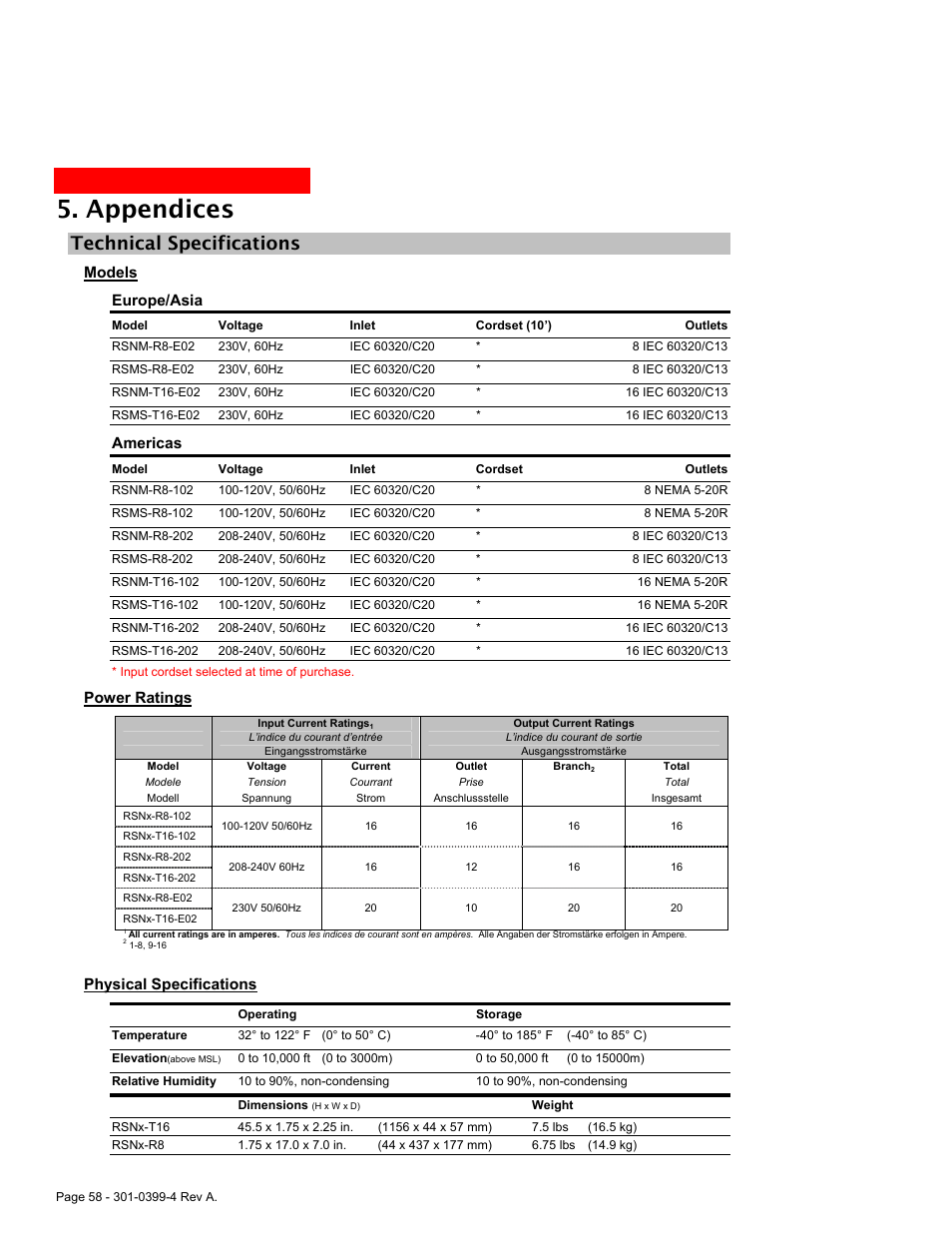Technical specifications, Models, Power ratings | Physical specifications, Echnical, Pecifications, Appendices, Models europe/asia, Americas | MGE UPS Systems Switched PDU User Manual | Page 58 / 62