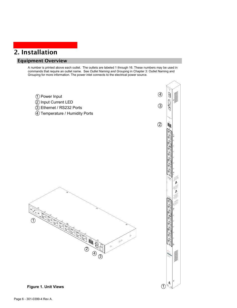 Equipment overview, Installation, Figure 1. unit views | I i i | MGE UPS Systems Switched PDU User Manual | Page 6 / 62