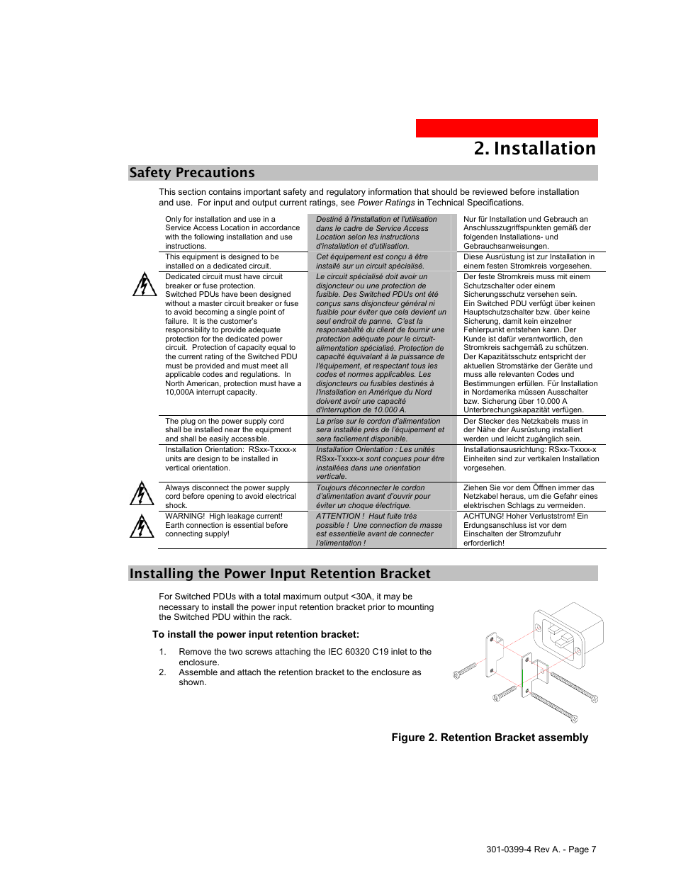 Safety precautions, Installing the power input retention bracket, Installation | MGE UPS Systems Switched PDU User Manual | Page 7 / 62