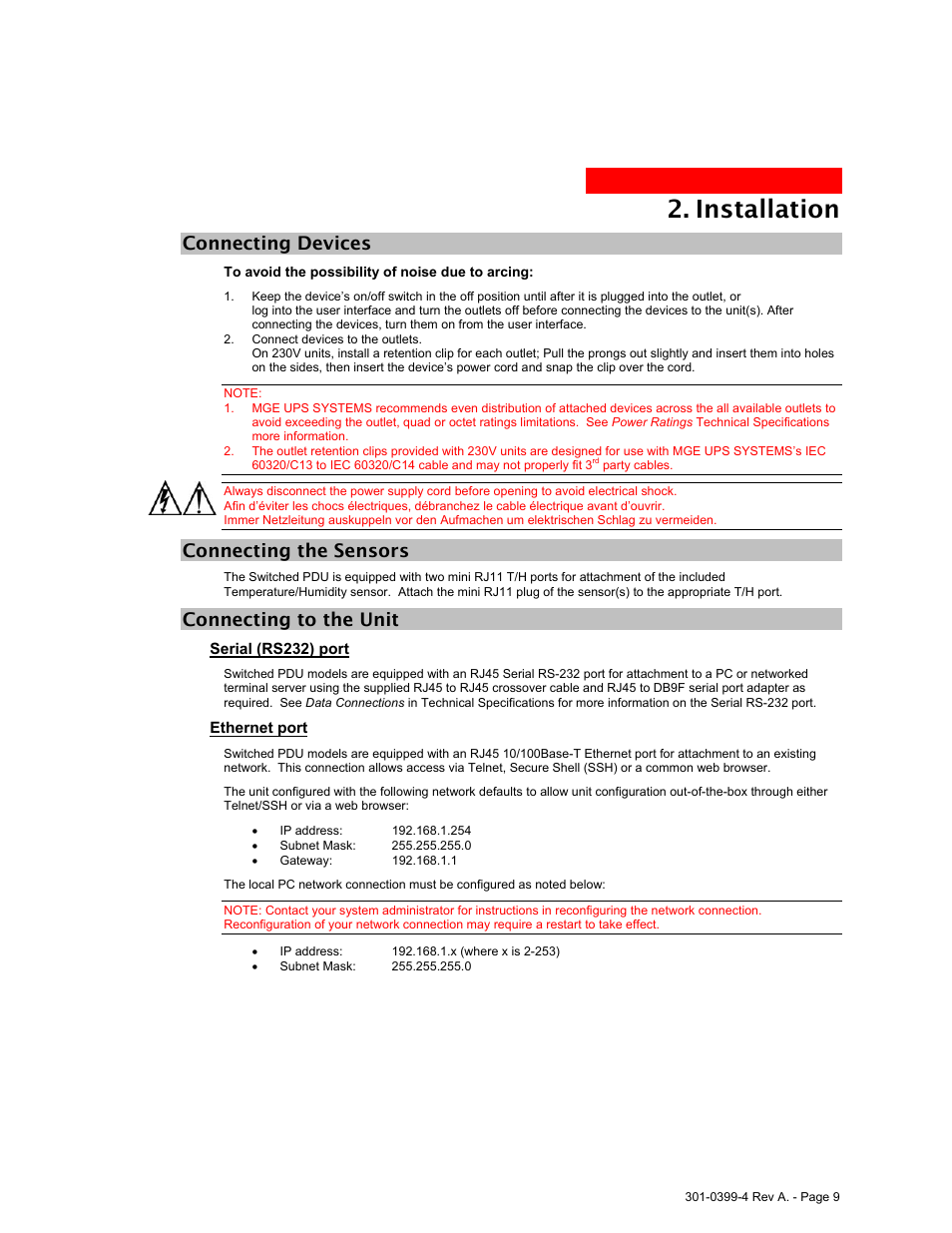 Connecting devices, Connecting the sensors, Connecting to the unit | Serial (rs232) port, Ethernet port, Installation | MGE UPS Systems Switched PDU User Manual | Page 9 / 62