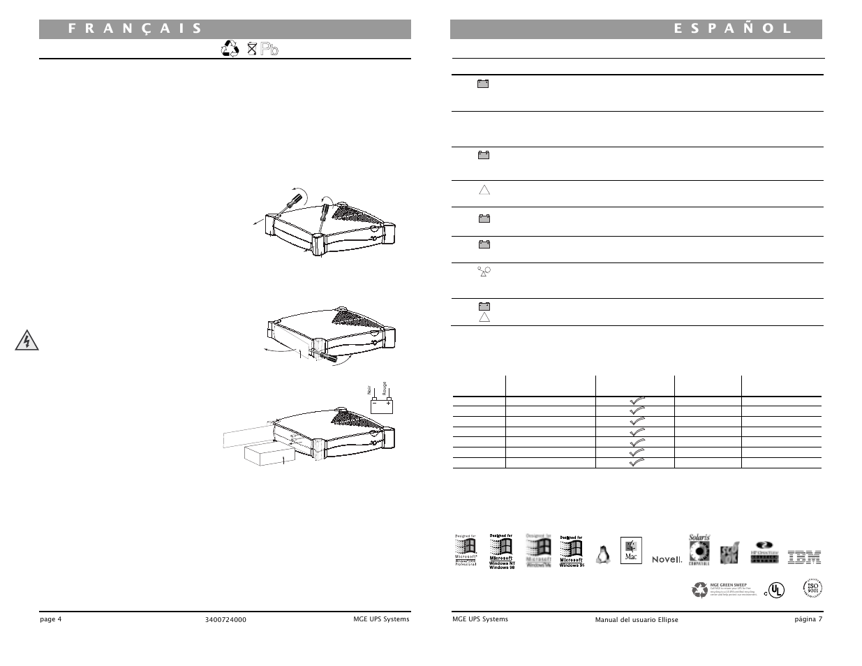 Localización de averías, Remplacement des batteries | MGE UPS Systems UPS 500 User Manual | Page 15 / 22