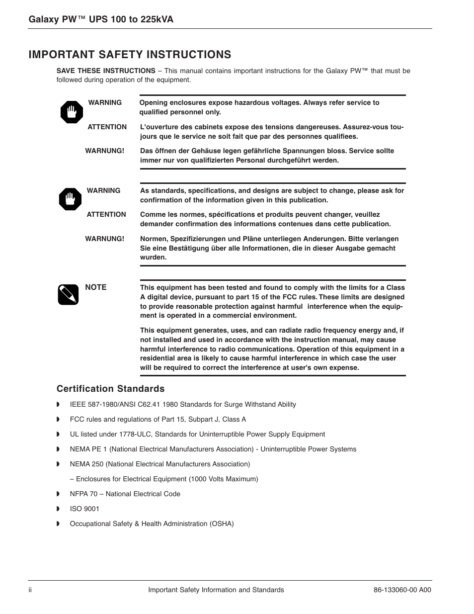Important safety instructions, Certification standards | MGE UPS Systems GALAXY PW 225KVA User Manual | Page 2 / 104