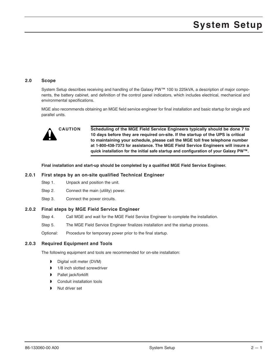 System setup | MGE UPS Systems GALAXY PW 225KVA User Manual | Page 23 / 104