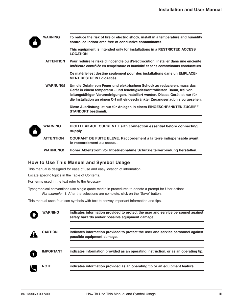 How to use this manual and symbol usage, Installation and user manual | MGE UPS Systems GALAXY PW 225KVA User Manual | Page 3 / 104