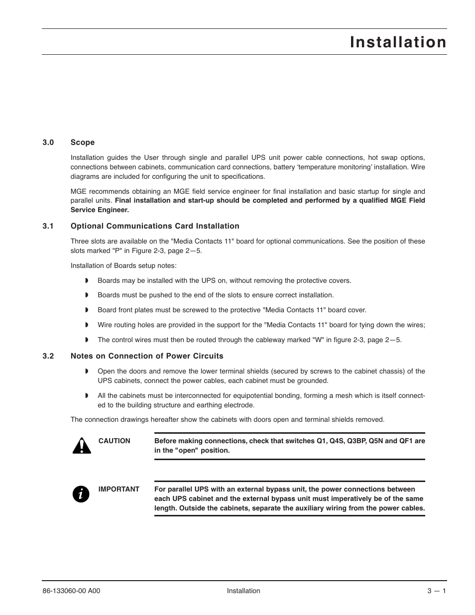 Installation | MGE UPS Systems GALAXY PW 225KVA User Manual | Page 35 / 104
