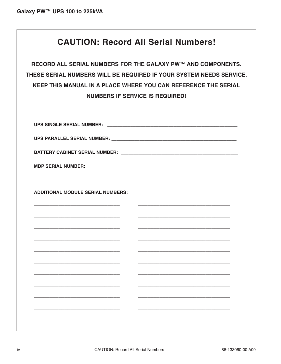 Caution: record all serial numbers | MGE UPS Systems GALAXY PW 225KVA User Manual | Page 4 / 104