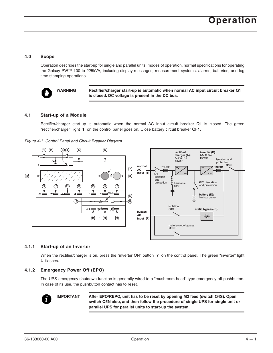 Operation, 0 scope, 1 start-up of a module | 1 start-up of an inverter, 2 emergency power off (epo) | MGE UPS Systems GALAXY PW 225KVA User Manual | Page 49 / 104