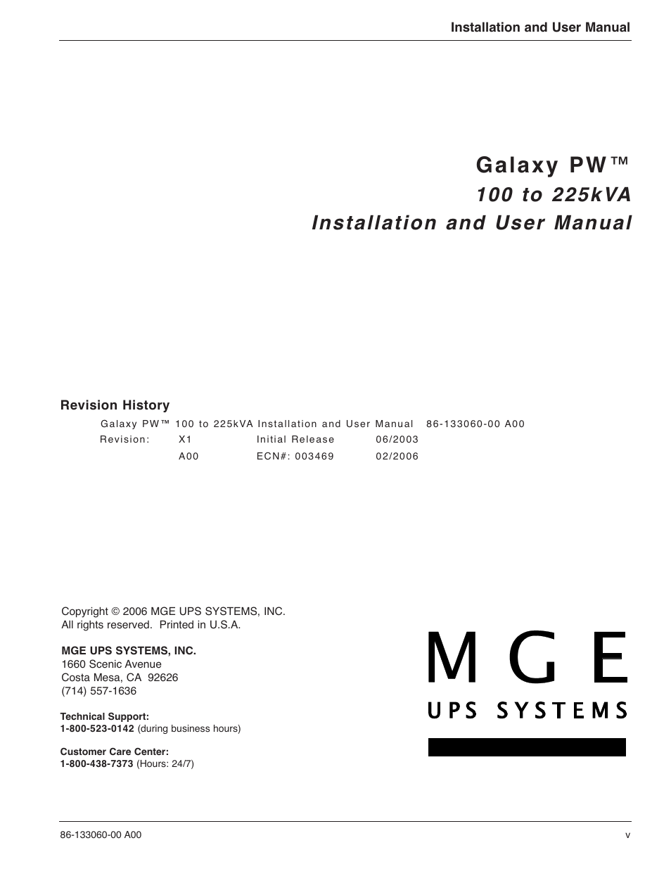 MGE UPS Systems GALAXY PW 225KVA User Manual | Page 5 / 104