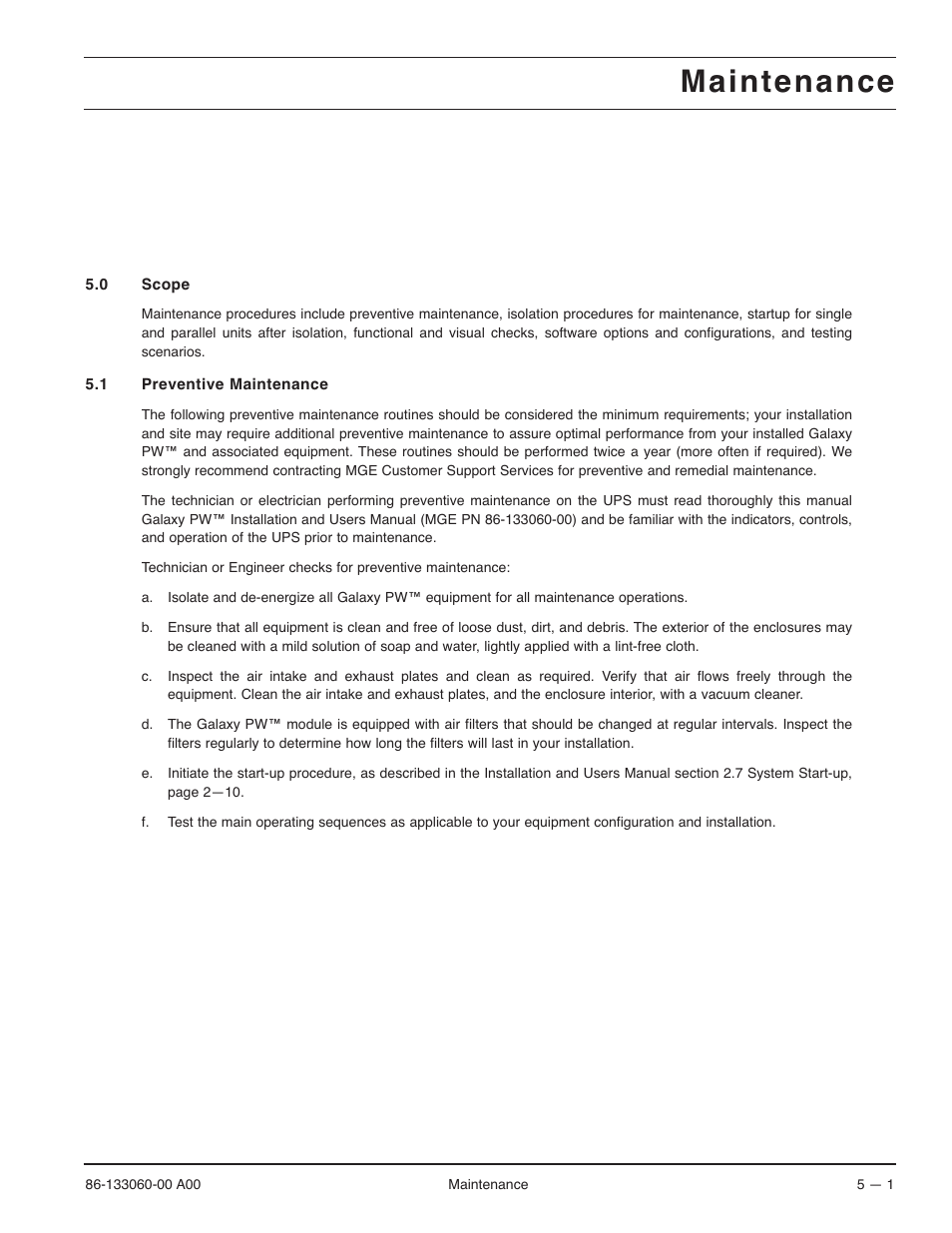 Maintenance | MGE UPS Systems GALAXY PW 225KVA User Manual | Page 71 / 104