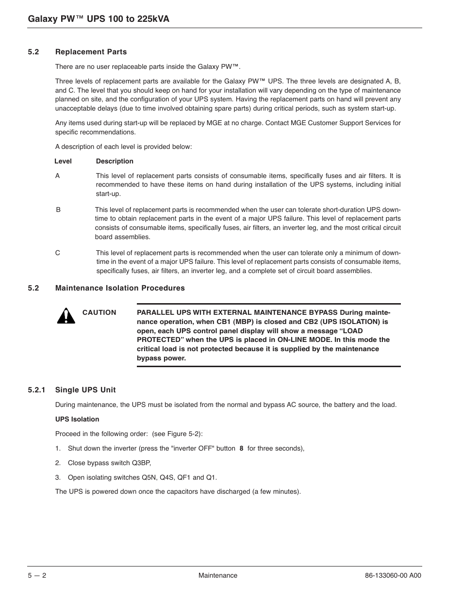 MGE UPS Systems GALAXY PW 225KVA User Manual | Page 72 / 104