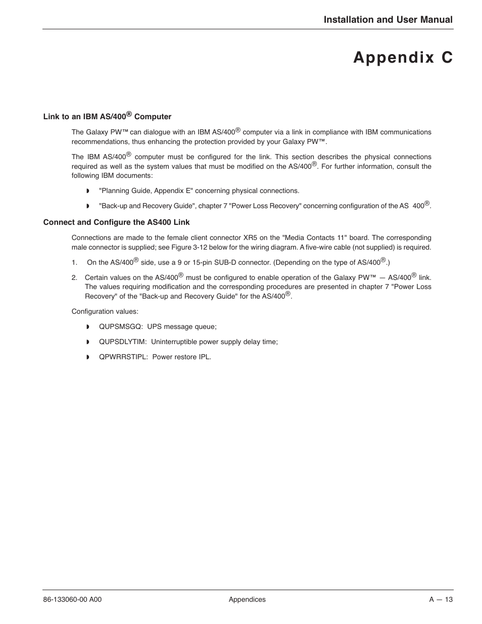 Appendix c, Installation and user manual | MGE UPS Systems GALAXY PW 225KVA User Manual | Page 91 / 104
