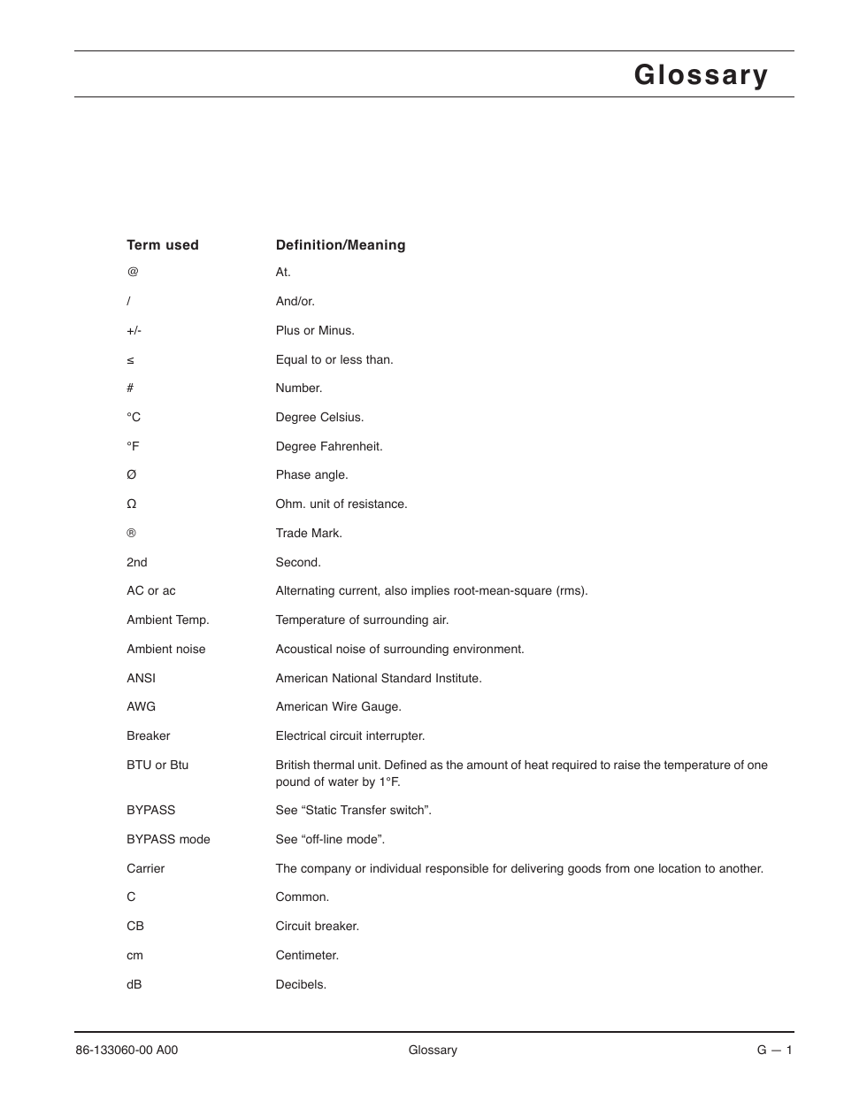 Glossary | MGE UPS Systems GALAXY PW 225KVA User Manual | Page 97 / 104