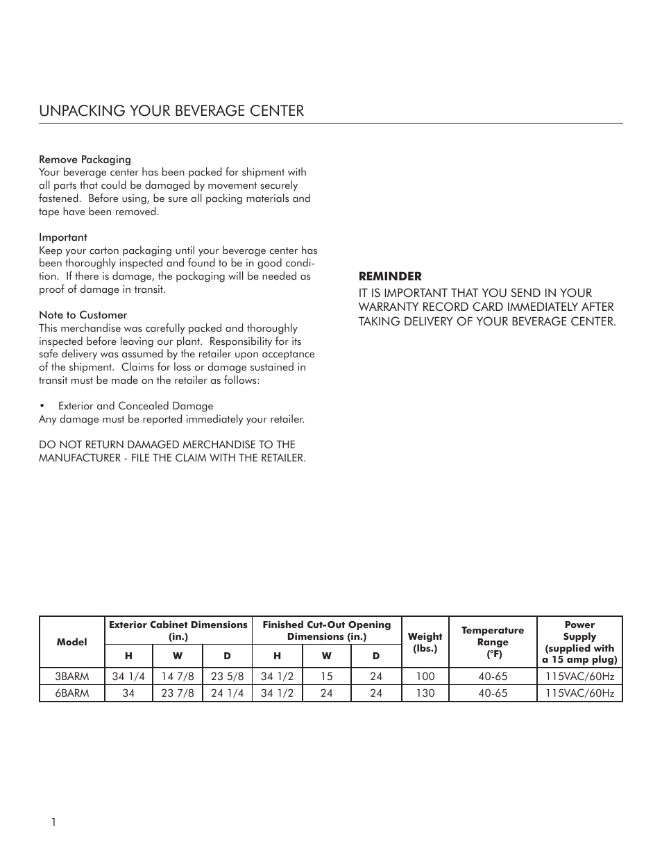 Unpacking your beverage center | Marvel Industries 3BARM User Manual | Page 2 / 12