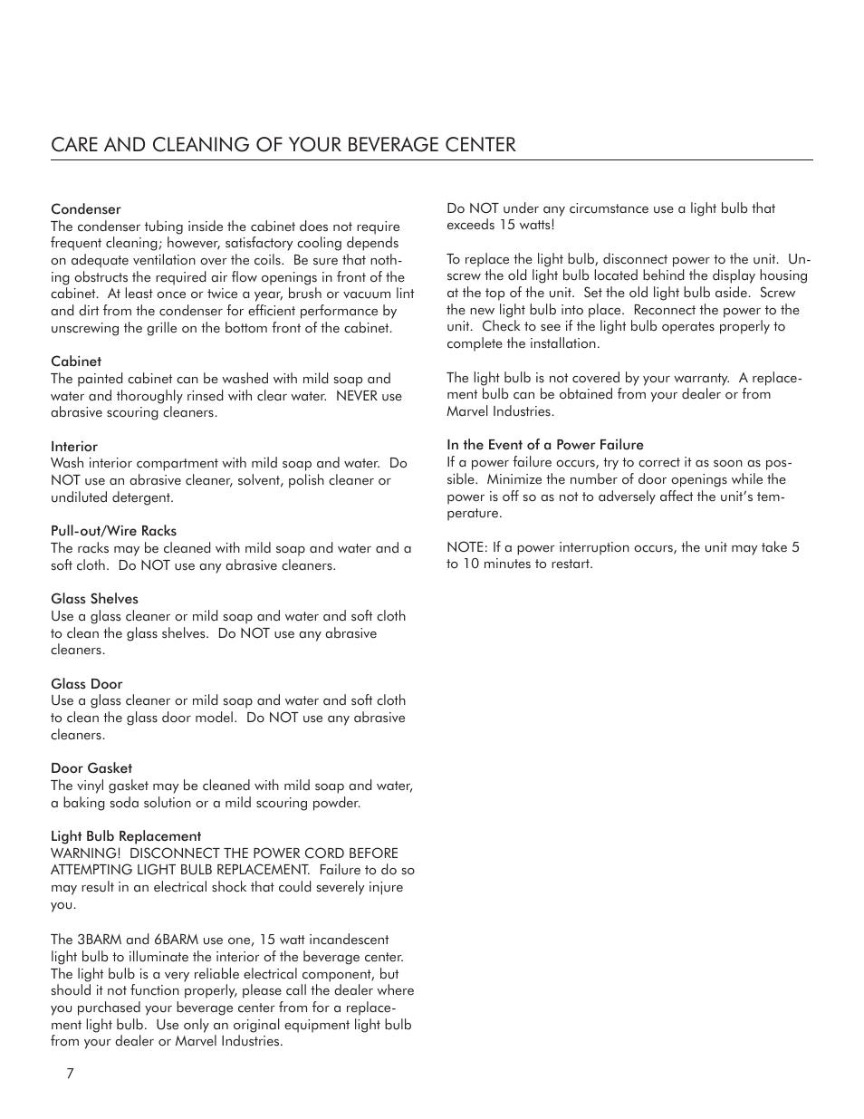 Care and cleaning of your beverage center | Marvel Industries 3BARM User Manual | Page 8 / 12