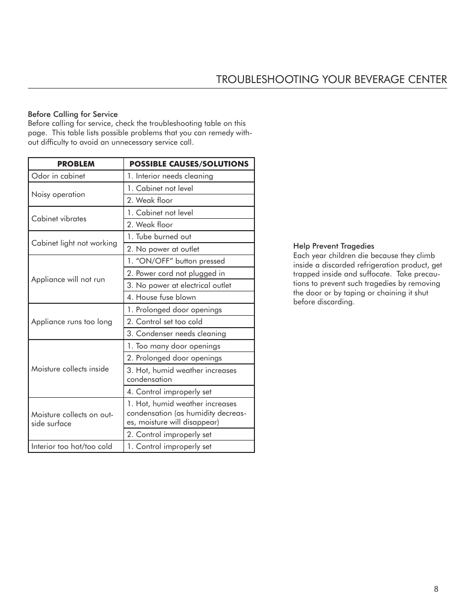 Troubleshooting your beverage center | Marvel Industries 3BARM User Manual | Page 9 / 12