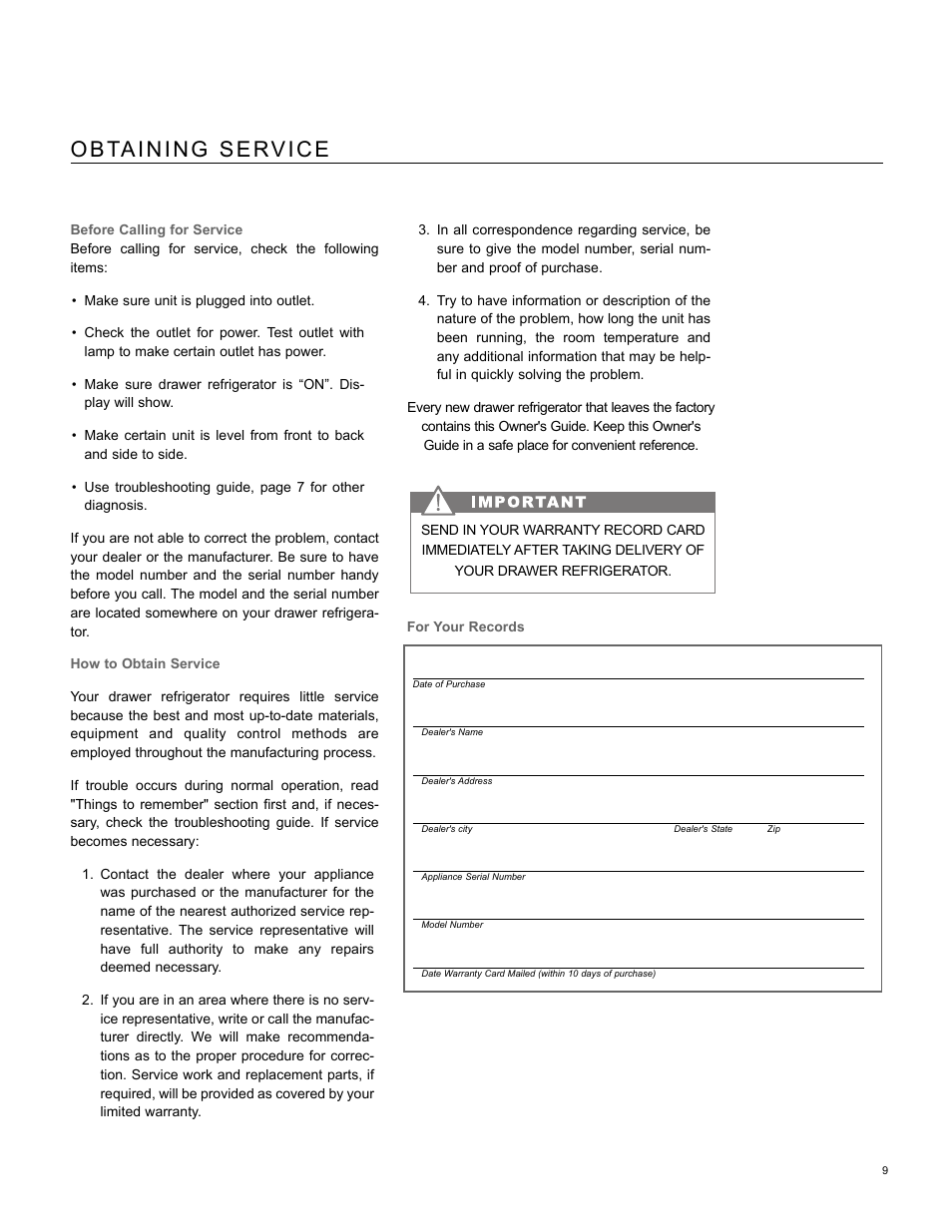 Obtaining service | Marvel Industries 60RD User Manual | Page 9 / 12