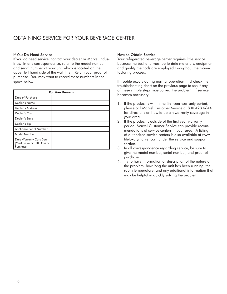 Obtaining service for your beverage center | Marvel Industries 3SBARE User Manual | Page 10 / 12